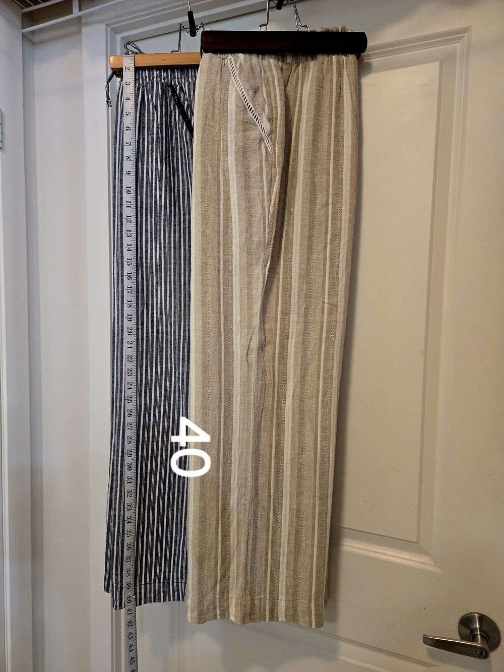 Set Of Two Briggs New York Beige and Navy Striped Linen-Blend Drawstring Pants L